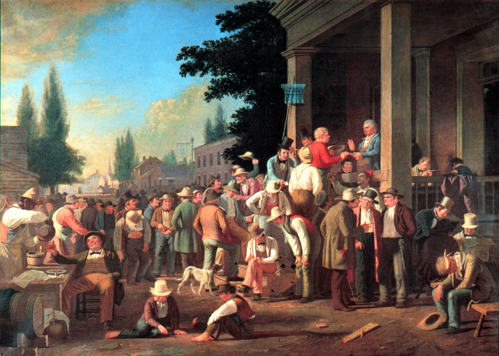  [painting of a crowded polling place] 